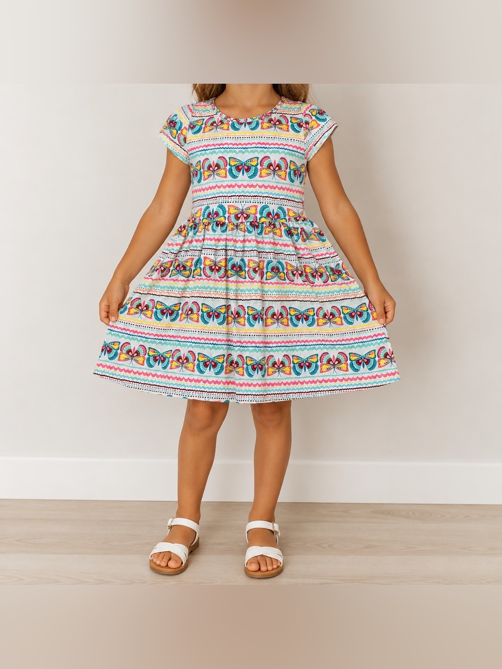 Girls Size 5 Butterfly Print Cotton Skater Dress Colorful Stretch